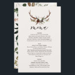 Rustic floral and stag antlers wedding menu<br><div class="desc">Rustic floral and stag antlers wedding menu. Modern rustic wedding range with watercolor foliage,  floral and stag design. Part of a collection</div>