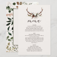 Rustic floral and stag antlers wedding menu