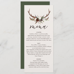 Rustic floral and stag antlers wedding menu