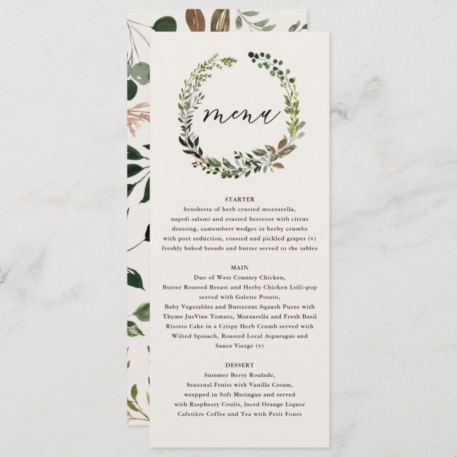 Rustic floral and stag antlers wedding menu (Front/Back)