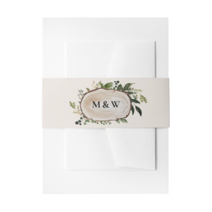 Rustic floral and wood slice initials wedding invitation belly band