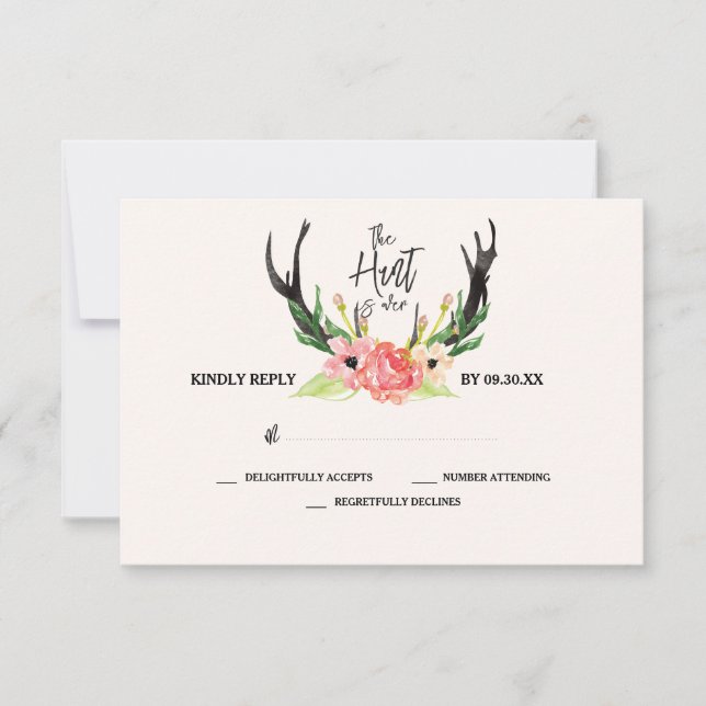 Rustic Floral Antler Hunt is Over Wedding RSVP (Front)