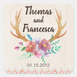 Rustic Floral Antler Wedding Sticker