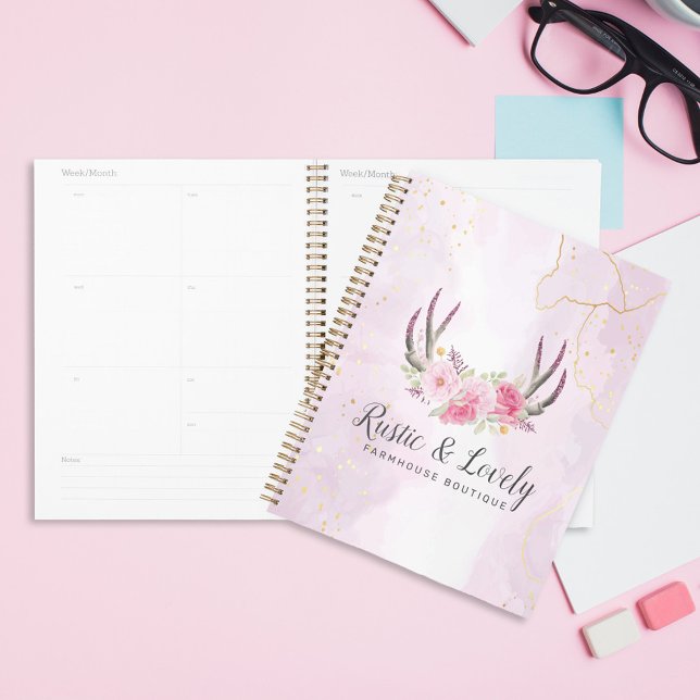 Rustic Floral Antlers Blush Pink & Gold Marble Planner (Creator Uploaded)