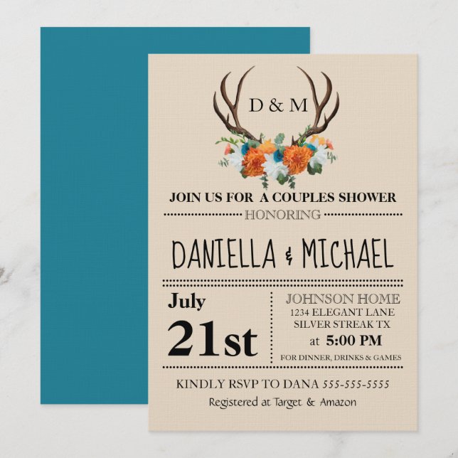 Rustic Floral Antlers BOHO Couples Shower Wedding Invitation (Front/Back)