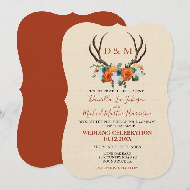 Rustic Floral Antlers BOHO Wedding Invitation (Front/Back)