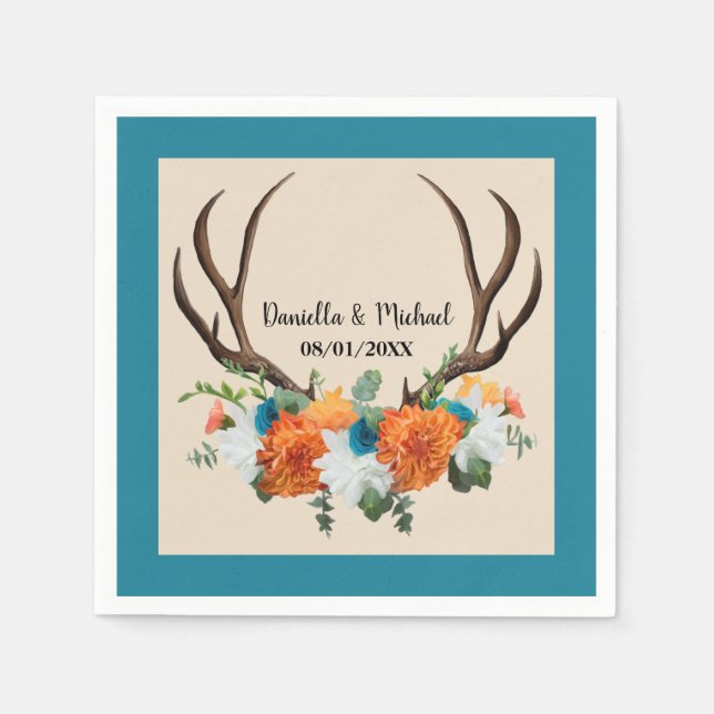 Rustic Floral Antlers BOHO Wedding Napkin (Front)