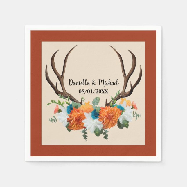 Rustic Floral Antlers BOHO Wedding Napkin (Front)