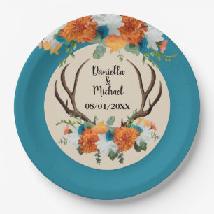 Rustic Floral Antlers BOHO Wedding Paper Plate
