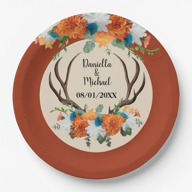 Rustic Floral Antlers BOHO Wedding Paper Plate (Front)