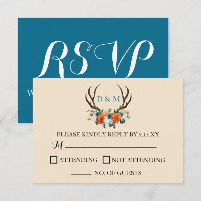 Rustic Floral Antlers BOHO Wedding RSVP Card (Front/Back)