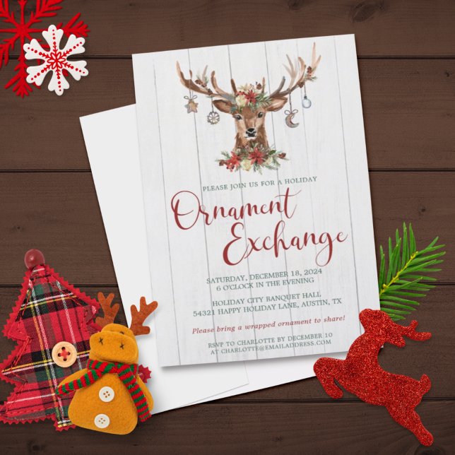 Rustic Floral Antlers Christmas Ornament Exchange Holiday Card (Creator Uploaded)