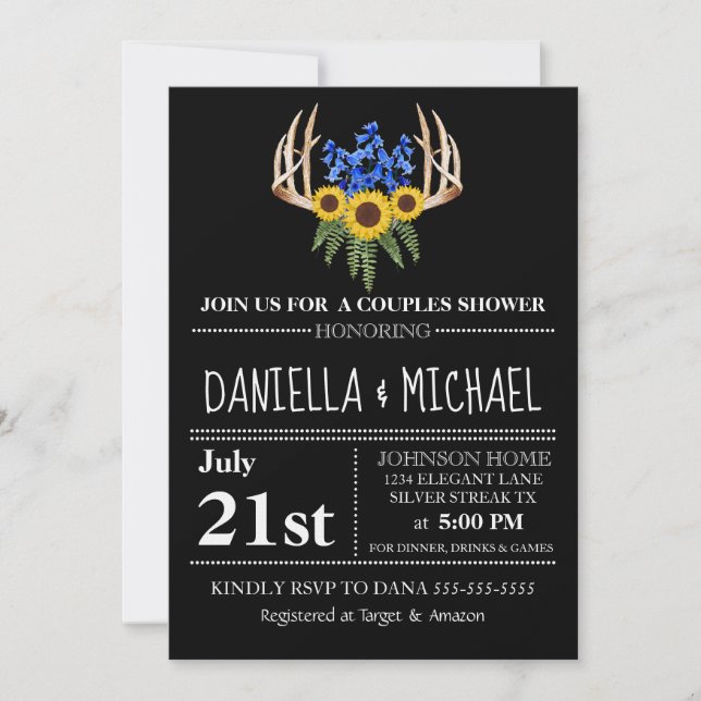 Rustic Floral Antlers Couples Shower Wedding Invitation (Front)
