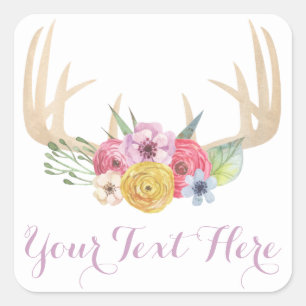 Rustic Floral Antlers Painted in Watercolor Style Square Sticker