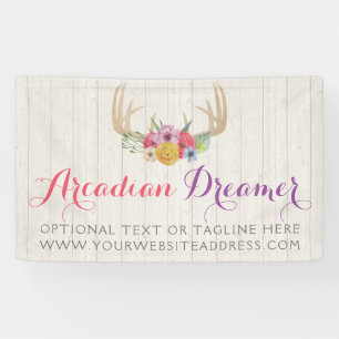 Rustic Floral Antlers Painted Watercolor on Wood Banner