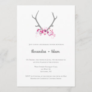 Rustic floral antlers rehearsal dinner invitations