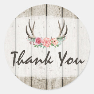 Rustic Floral Antlers Shabby Chic Roses Thank You Classic Round Sticker