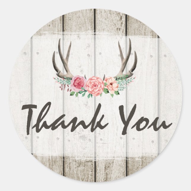Rustic Floral Antlers Shabby Chic Roses Thank You Classic Round Sticker (Front)