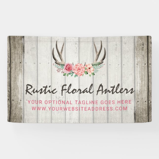Rustic Floral Antlers Shabby Chic Roses & Wood Banner (Horizontal)
