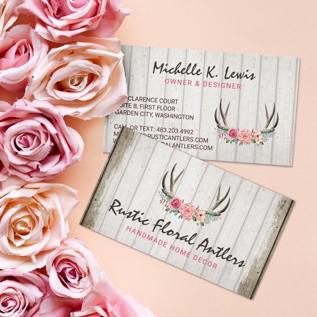 Rustic Floral Antlers Shabby Chic Roses & Wood Business Card (Creator Uploaded)