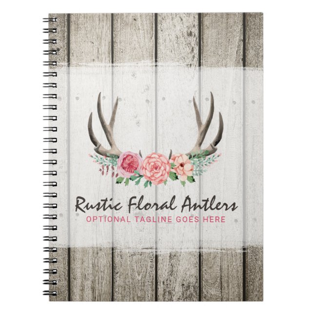 Rustic Floral Antlers Shabby Chic Roses & Wood Notebook (Front)