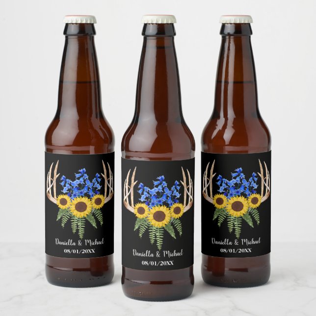 Rustic Floral Antlers Wedding Favour Beer Bottle Label (Bottles)