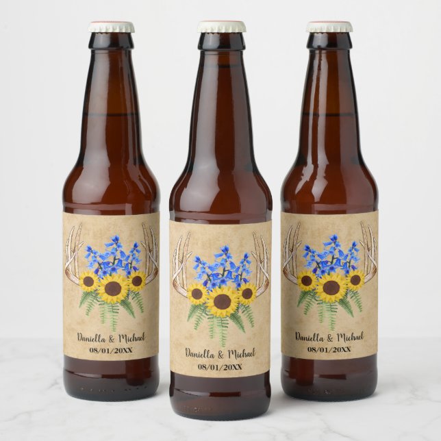 Rustic Floral Antlers Wedding Favour Beer Bottle Label (Bottles)