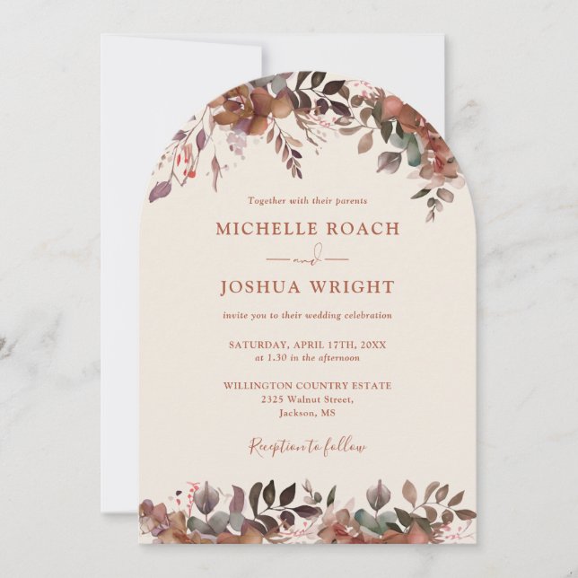 Rustic Floral Arch Monogram Autumn Fall Wedding Invitation (Front)