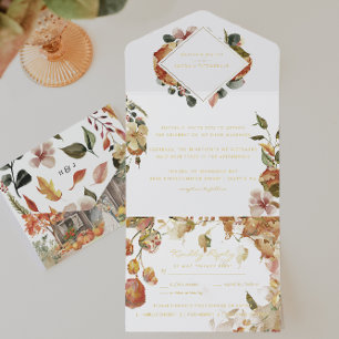 Rustic Floral Autumn Barn Wedding Fall Leaves All In One Invitation