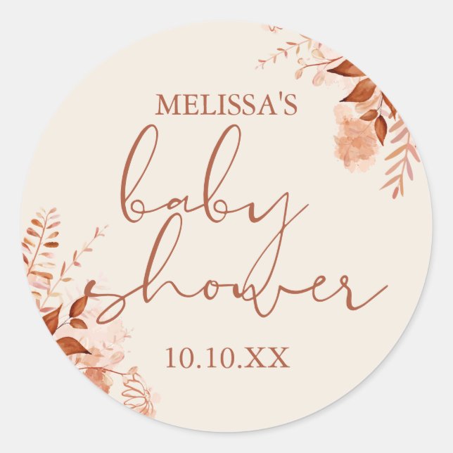 Rustic Floral Autumn Fall Baby Shower Favour Classic Round Sticker (Front)