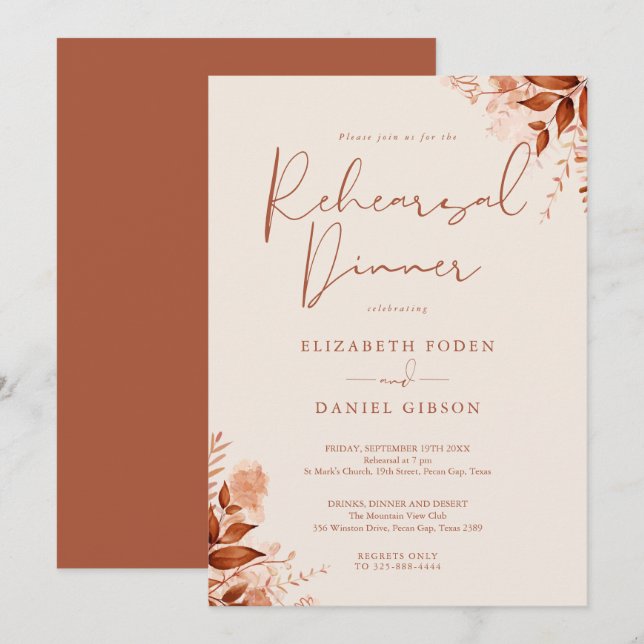 Rustic Floral Autumn Fall Rehearsal Dinner Invitation (Front/Back)