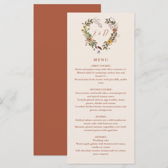 Rustic Floral Autumn Fall Wedding Dinner Menu (Front/Back)