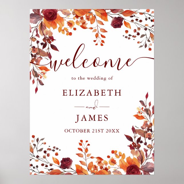 Rustic Floral Autumn Fall Wedding Welcome Sign (Front)