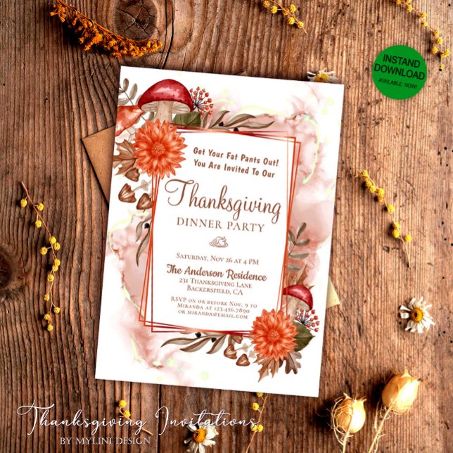 Rustic Floral Autumn Leaves Thanksgiving Dinner Invitation (Creator Uploaded)