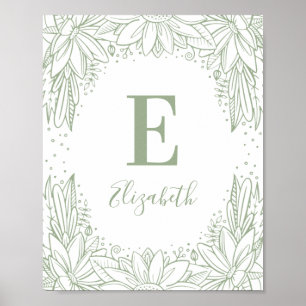 Rustic floral baby monogram. Country green nursery Poster