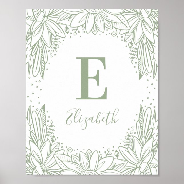 Rustic floral baby monogram. Country green nursery Poster (Front)