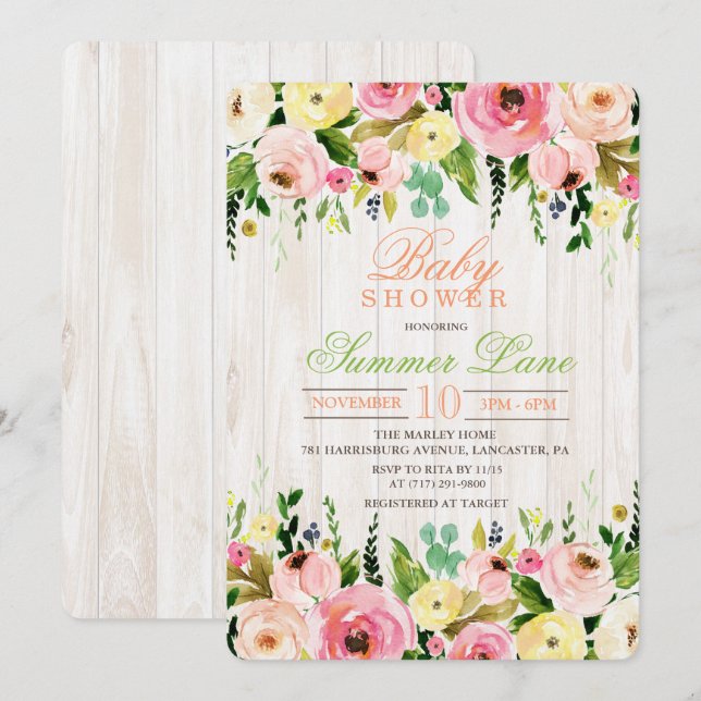 Rustic Floral Baby Shower Invitation (Front/Back)