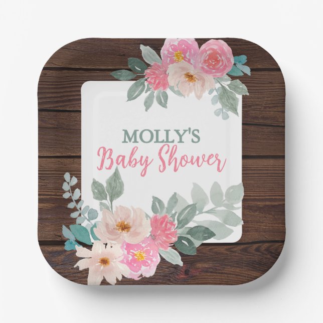 Rustic Floral Baby Shower Plate Square (Front)