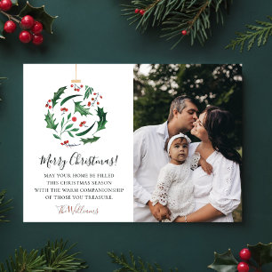 Rustic Floral Ball Christmas Family Photo Red Holiday Card