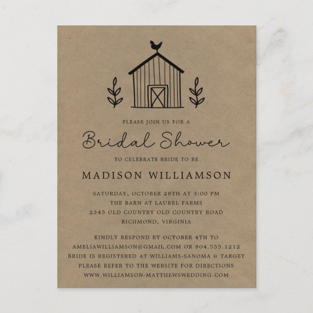 Rustic Floral Barn Kraft Bridal Shower Invitation Postcard (Front)