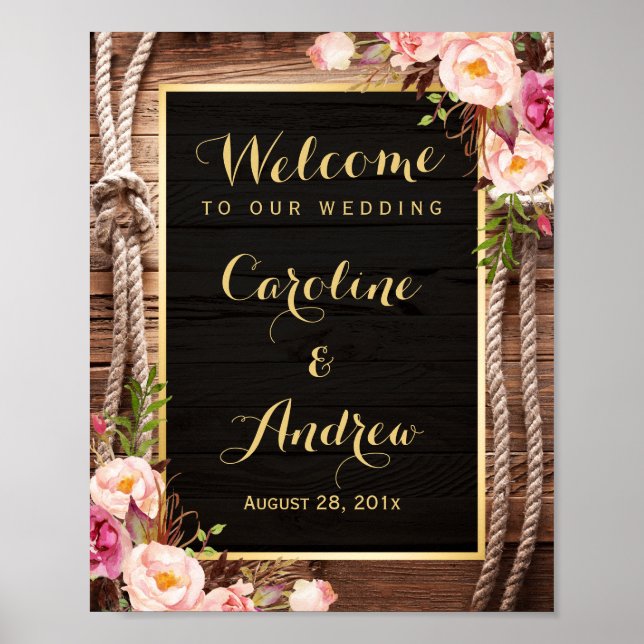Rustic Floral Barn Wood Knot Welcome Wedding Sign (Front)