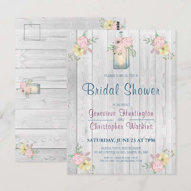 Rustic Floral Barn Wood Lantern Bridal Shower Postcard (Front/Back)