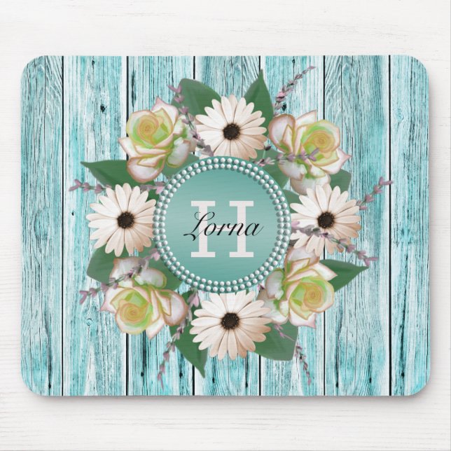 Rustic Floral Barn Wood Monogram Mouse Mat (Front)