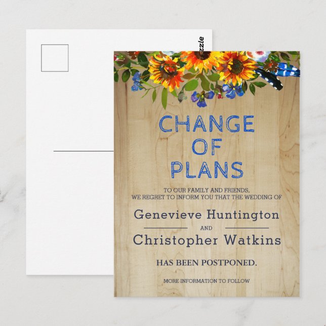 Rustic Floral Barn Wood Wedding Postponed Cancel Postcard (Front/Back)