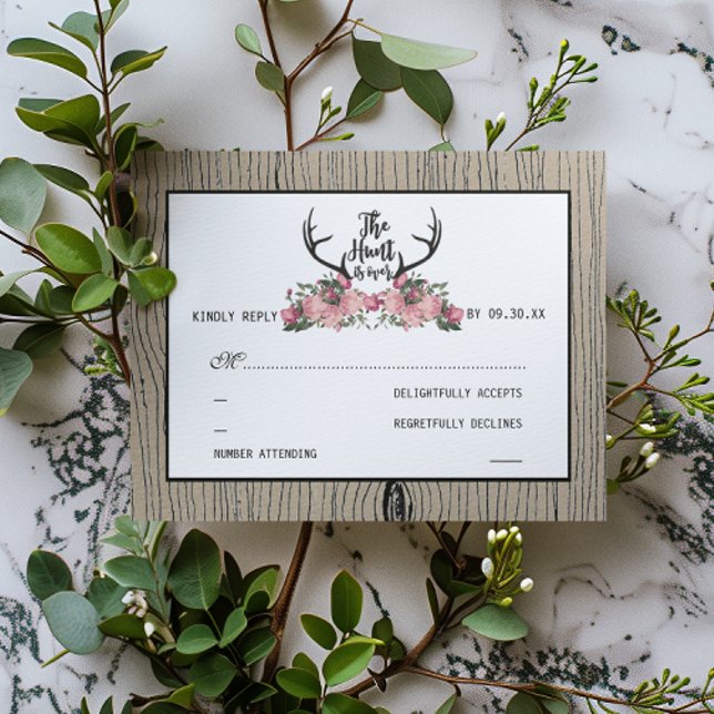 Rustic Floral Barnwood Hunt is Over Wedding RSVP (Creator Uploaded)