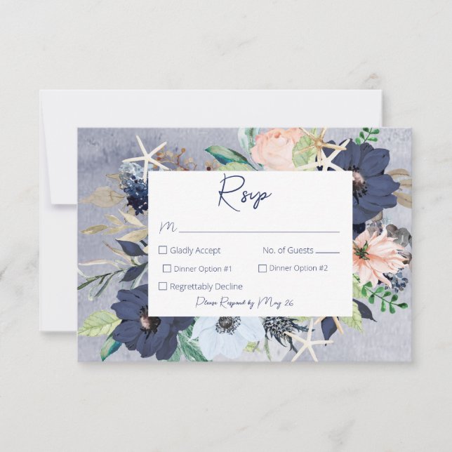 Rustic Floral Beach Nautical Wedding RSVP Card (Front)