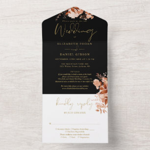 Rustic Floral Black And Gold Details RSVP Wedding All In One Invitation