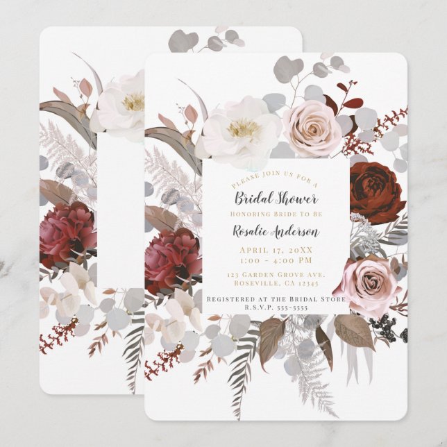 Rustic Floral Blooms Blush Grey Red Bridal Shower Invitation (Front/Back)
