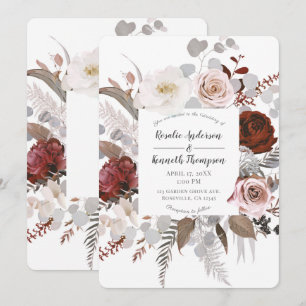 Rustic Floral Blooms Blush Grey Red Leaves Wedding Invitation