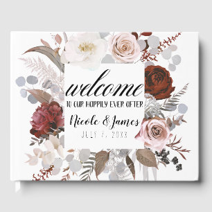 Rustic Floral Blooms Blush Grey Red Wedding Guest Book